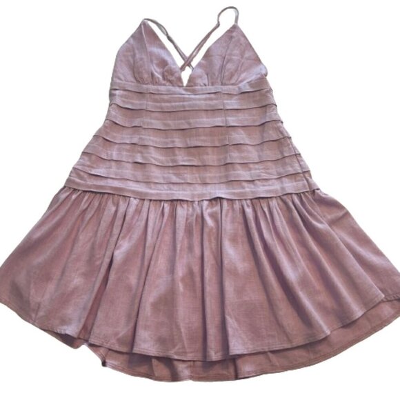 PINTUCK PLEAT WIDE RUFFLE HEM MINI LINEN  DRESS LILAC SIZE MEDIUM - Picture 2 of 11